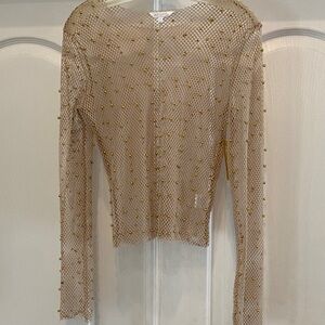 Sheer Mesh Gold-Studded Long Sleeve Top - Beige by Riley & James